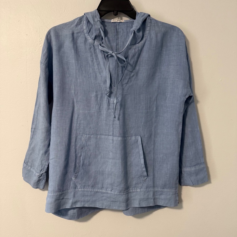 Allen Allen Women's Blue 100% Linen Hooded Pullover Casual Top Hoodie Size S‎